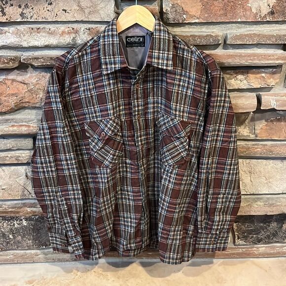 Vintage 70s Cellini Wool Flannel Button Down Shirt Brown Plaid - Picture 1 of 9
